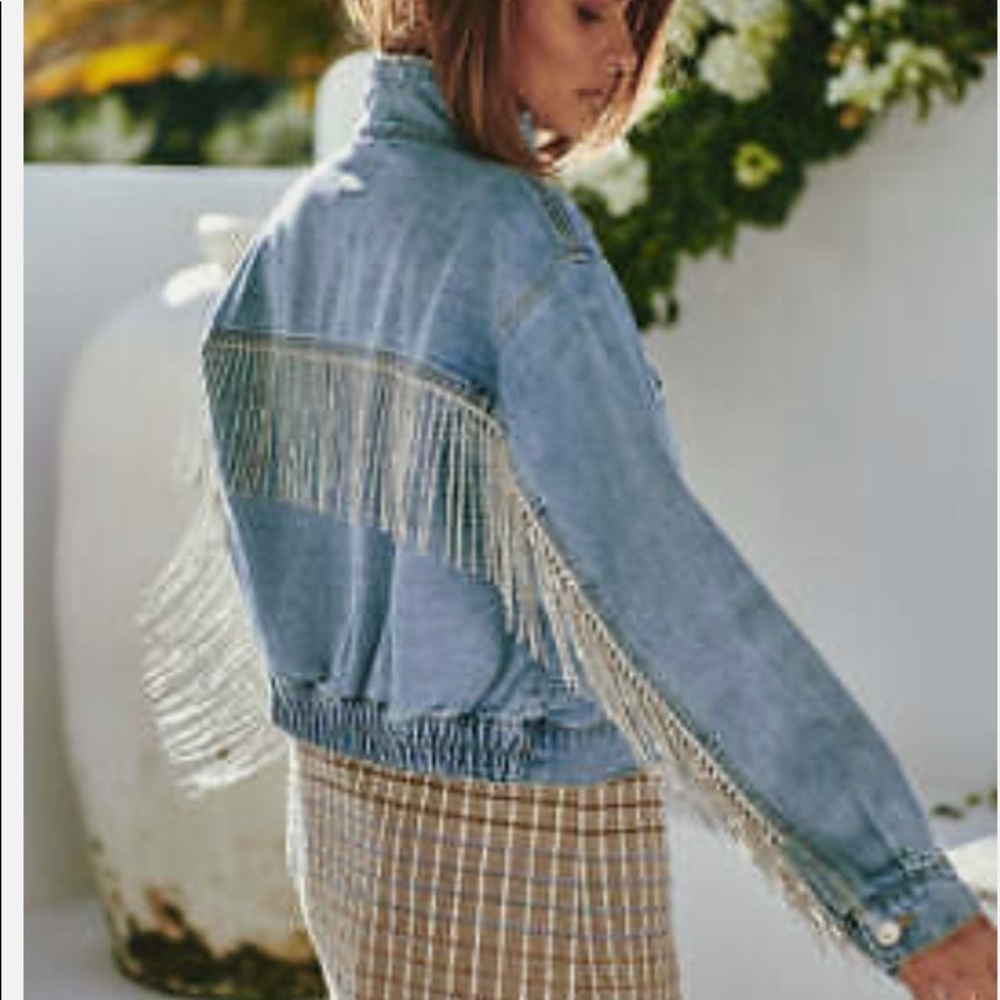 Free people comet rhinestone fringe jean jacket
